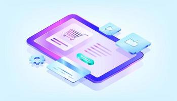 las compras en línea. diseñar elementos gráficos, signos, símbolos. marketing móvil y marketing digital. ilustraciones isométricas de gradiente 3d. adecuado para ui, ux, web, móvil, banner e infografía. vector