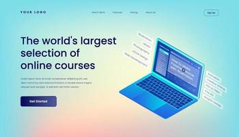 The world's largest selection of online courses Landing Page Template with Gradient Background and Isometric 3d Vector Illustration glass effect