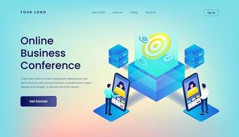 Online Business Conference Landing Page Template with Gradient Background and Isometric 3d Vector Illustration Desktop Web User Interface