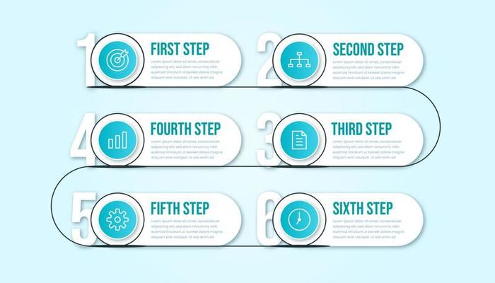 Business infographic six steps. Modern timeline infographic template with tosca or blue color theme.