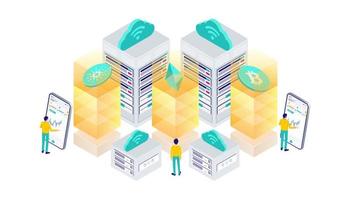 Cryptocurrency, bitcoin, ethereum, cardano, blockchain, mining, technology, internet IoT, security, web dashboard isometric 3d flat illustration vector design cpu computer.