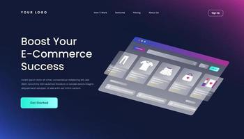 Boost Your E-commerce Success Landing Page Template with Gradient Background and 3d Isometric Vector Illustration glass effect