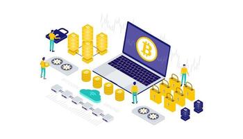 Cryptocurrency, bitcoin, blockchain, mining, technology, internet IoT, security, dashboard isometric 3d flat illustration vector design.