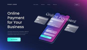 Online Payment for Your Business Landing Page Template with Gradient Background and Isometric 3d Vector Illustration glass effect