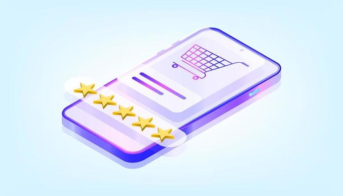 Online shopping app rating concept. 3D Gradient Web Vector Illustrations. Suitable for ui, ux, web, mobile, banner and infographic.
