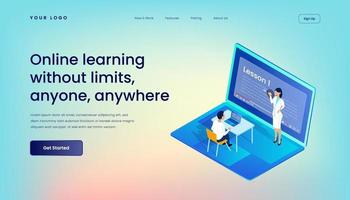 Online learning without limits, anyone, anywhere Landing Page Template with Gradient Background and Isometric 3d Vector Illustration Desktop Web User Interface