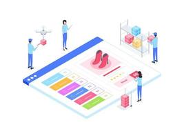 Ilustración isométrica de stock de sincronización omnicanal de comercio electrónico. adecuado para aplicaciones móviles, sitios web, pancartas, diagramas, infografías y otros activos gráficos. vector