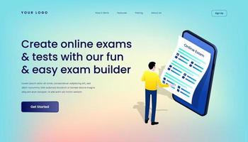 Create online exams and tests with our fun and easy exam builder Landing Page Template with Gradient Background and Isometric 3d Vector Illustration Mobile User Interface