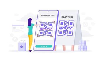 la mujer escanea el código qr con el vector de diseño de ilustración plana de pago en línea sin efectivo de teléfono inteligente. adecuado para interfaz de usuario, ui, ux, web, móvil, banner e infografía.