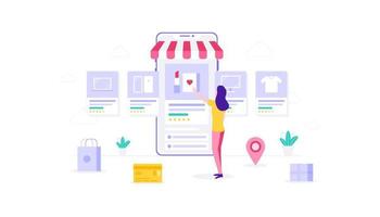 E-Commerce Woman Mobile Online Shopping Vector Illustration
