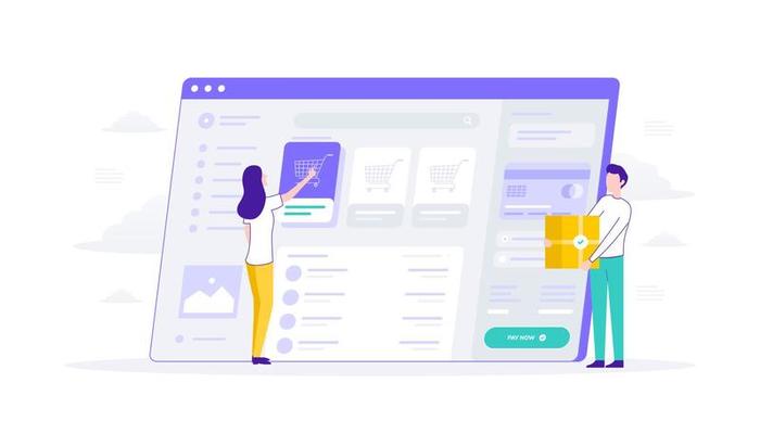 Woman click ecommerce product web app, payment with credit card, man bring product box, illustration flat suitable for user interface, ui, ux, web, mobile, banner and infographic.