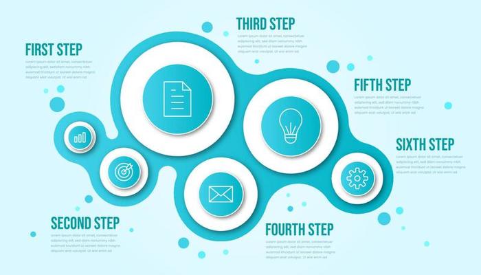 Business infographic six steps. Modern bubble timeline infographic template with tosca or blue color theme.