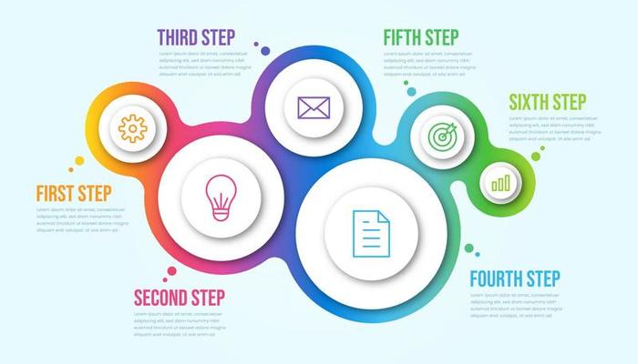 Business infographic six steps. Colorful bubble modern timeline infographic template.