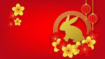 lunar new year concept. gold rabbit with lanterns and decorative lucky flower on red background with blank space vector