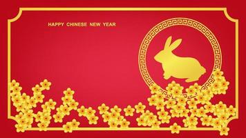 happy Chinese new year. year of rabbit on red background and golden frame with copy space vector