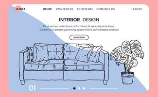 Landing page design room interior sketch. Hand drawn sofa and furniture vector