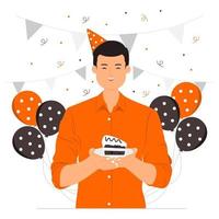 el hombre feliz celebra el cumpleaños y sostiene la ilustración de la torta vector