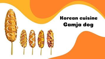 Korean Corn dog cartoon mascot. Illustration for restaurant menu. Side view. Vector illustration, web page template.