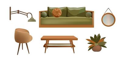 juego de muebles en la sala de estar. sofá, silla, mesa de café, lámpara, espejo. objetos aislados sobre un fondo blanco. vector