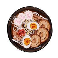 Japanese ramen soup with pork, noodles, eggs, chopped green onion. Illustration for restaurant menu. Top view. Vector illustration.