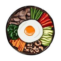 Korean food, Mixed Rice Bibimbab on white background. Illustration for restaurant menu. Top view. Vector illustration.