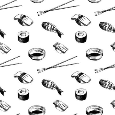Sketch drawing pattern with black and white sushi on white background. Japanese, asian food design for fashion , fabric, textile, wallpaper, cover. Vector illustration.