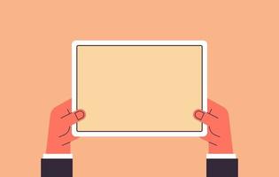 Hand holding tablet computer with blank screen and using digital tablet pc screen view flat vector illustration.