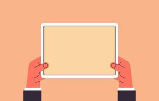 Hand holding tablet computer with blank screen and using digital tablet pc screen view flat vector illustration.