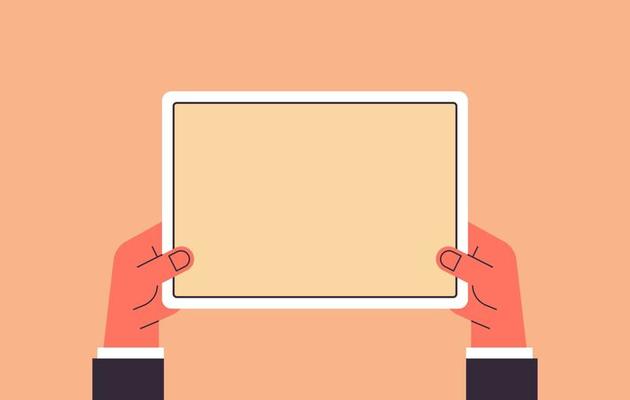 Hand holding tablet computer with blank screen and using digital tablet pc screen view flat vector illustration.