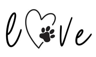The inscription love and the paw print of the animal in the heart. Love concept. Vector illustration isolated on white background