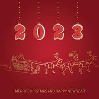 trineo de renos, trineo de santa claus dibujado en una línea. número 2023 en forma de pan de jengibre. tarjeta de Navidad vector