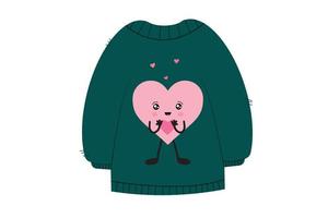 Green knitted sweater with a cute heart emoji in kawaii style. Vector illustration isolated on white background.