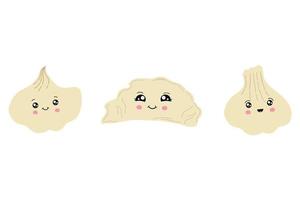 A set of cute dumplings in the style of kawaii. Vector illustration of Asian cuisine