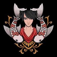 Japanese Geisha Illustration with Koi Fish Ornament vector