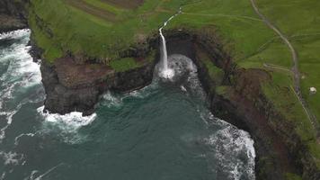Mulafossur Waterfall in Faroe Islands by Drone video