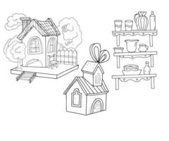 casas pequeño pueblo de una planta granja bosquejo dibujado a mano de madera doodle conjunto de elementos separados molino agricultura sobre un fondo blanco vector