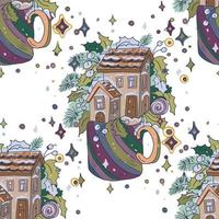 christmas winter mug with twigs leaves and berries and candies, fairy tale houses forest cozy holiday mood illustration hand drawn greeting card new year holidays stars vector