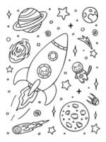 Coloring page with rocket, astronaut cat and planets in space. Hand drawn vector contoured black and white illustration. Design template for kids coloring book, poster or postcard.