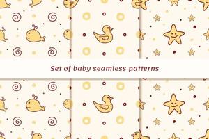 Set of three Seamless pattern with cute whales, ducks and stars on yellow background. Good for baby textile, wallpaper or wrapping. vector