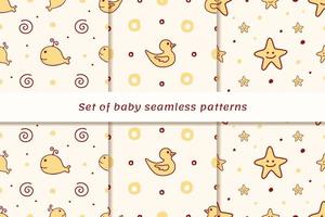 Set of three Seamless pattern with cute whales, ducks and stars on yellow background. Good for baby textile, wallpaper or wrapping. vector