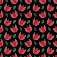 Seamless floral pattern on black background. Vector tulips and leaves. Trendy botanical illustration. Abstract print with small red tulips.