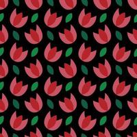 Seamless floral pattern on black background. Vector tulips and leaves. Trendy botanical illustration. Abstract print with small red tulips.