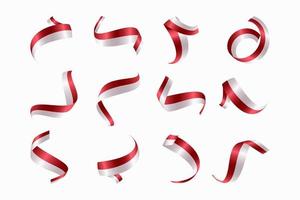 Set of big collection of red and white luxury ribbons of Indonesian flag vector