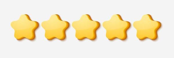 5 out of 5 stars rating. Five Yellow stars. Glossy yellow star shape. vector