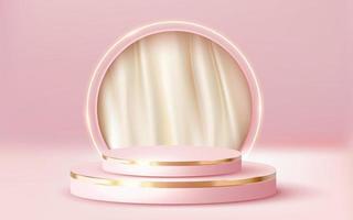Podio de oro rosa de lujo renderizado en 3d con escaparate de crema de cortina blanca vector fondo rosa 3d 051222
