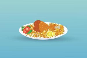 Delicious chicken biryani in bowl with lemon And pepper Vector illustration.