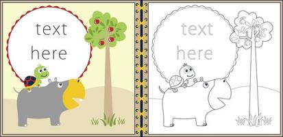 Invitation card template, coloring book or page with funny animals cartoon, turtle ride on hippo's back with fruit tree vector