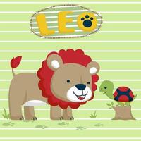 Lion and turtle cartoon vector on striped background