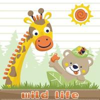 Funny animals cartoon vector, giraffe with bear and ladybug on trees background vector