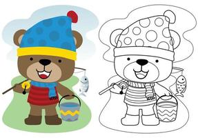 Little bear cartoon with fishing tackle, coloring book or page